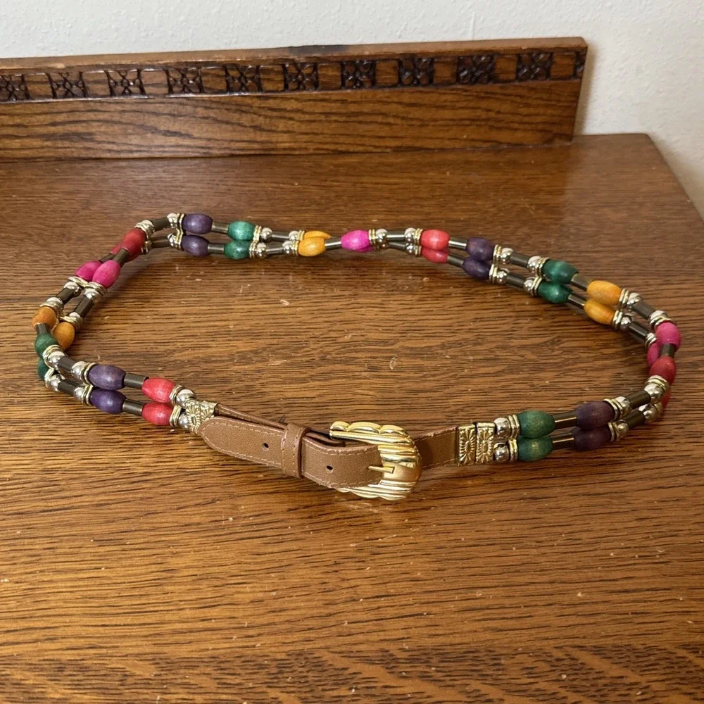 Vintage Beaded Belt Multicolor Wood Beads 2 Strand Gold Buckle 35.5